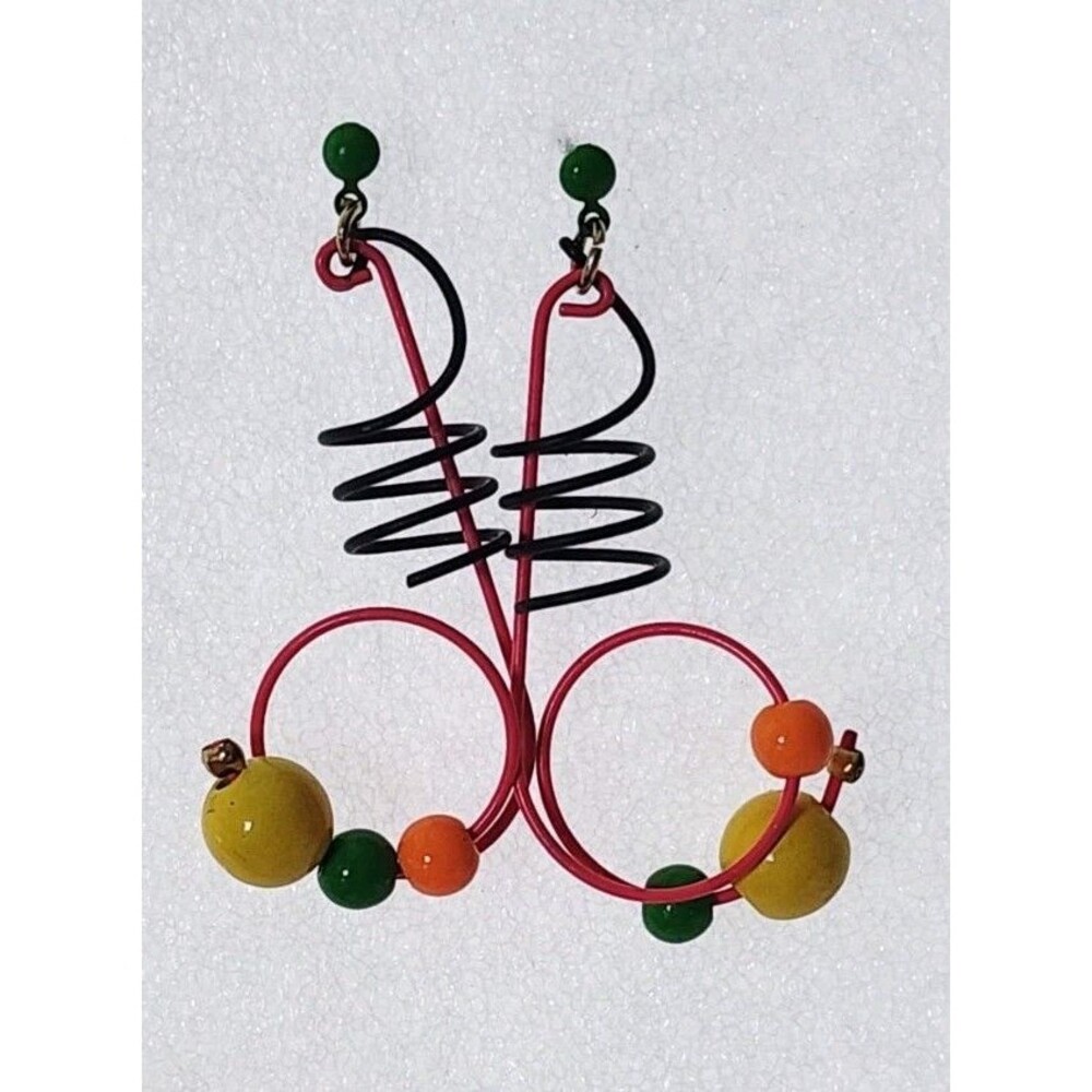 1980s Eve Kaplin Memphis Style Drop Swirl Pink Yellow Pierced Earrings 2"